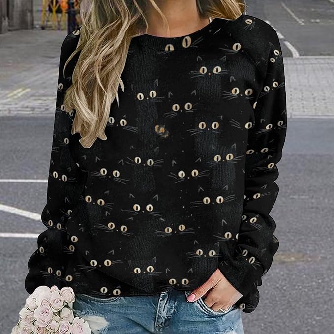 Abstract Cute Cat Shirts for Women Long Sleeve Lady Crewneck Pullover Sweatshirt Fall Winter Oversized Tops