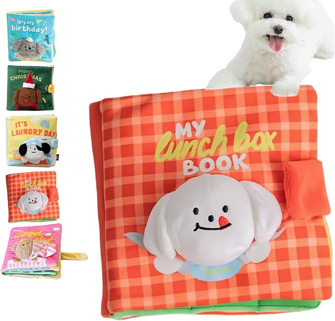 Cute Dog Birthday Toy Squeaky Snuffle Mat for Small Medium Dogs Interactive Plush Book Treat Puzzle for Puppy Crinkle Gifts (Orange)