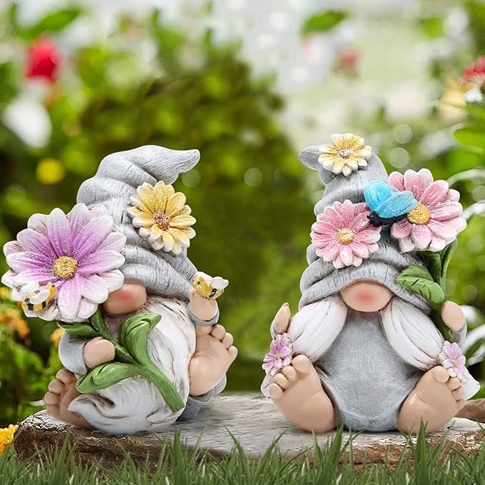 Hodao Set of 2 Spring Gnome Decorations Flower Gnomes Ornaments Decor Summer Gnomes Figurines Spring Gnomes for Outdoor Garden Decor Spring Birthday Gifts for Women, Mom, Grandma (Grey)