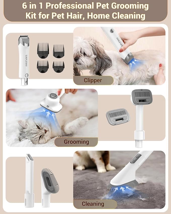 Dog Vacuum Grooming Kit for Shedding: Professional Hair Clippers Pet Groomer - Strong Suction Cleaner Deshedding Tool Fur Brush Attachment Trimmer for Home Cat (Cream White)