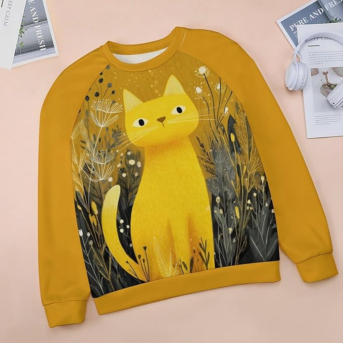 Abstract Cute Cat Shirts for Women Long Sleeve Lady Crewneck Pullover Sweatshirt Fall Winter Oversized Tops