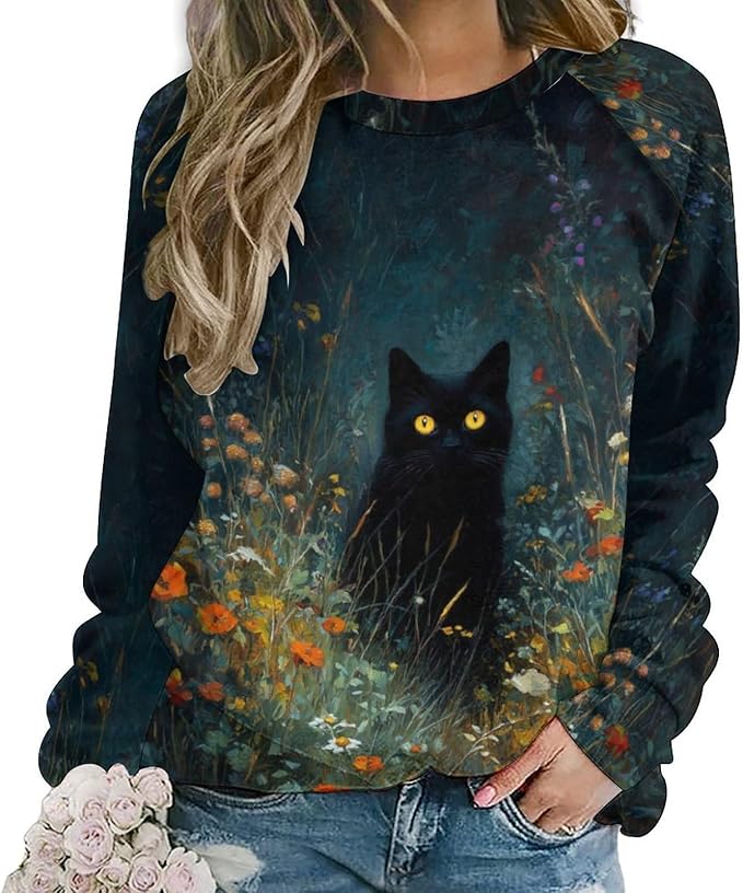Abstract Cute Cat Shirts for Women Long Sleeve Lady Crewneck Pullover Sweatshirt Fall Winter Oversized Tops
