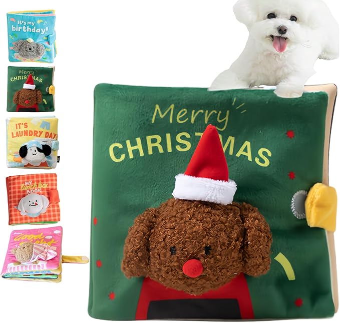 Cute Dog Birthday Toy Squeaky Snuffle Mat for Small Medium Dogs Interactive Plush Book Treat Puzzle for Puppy Crinkle Gifts (Green)