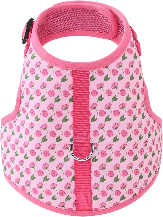 Mile High Life Dog Harness, Air Mesh Floral Vest Harness for 20 lbs Small Dogs & Cats, Easy Get on Adjustable Easy Closures Both Neck and Chest(Pink Flower, M Chest 18"-20")
