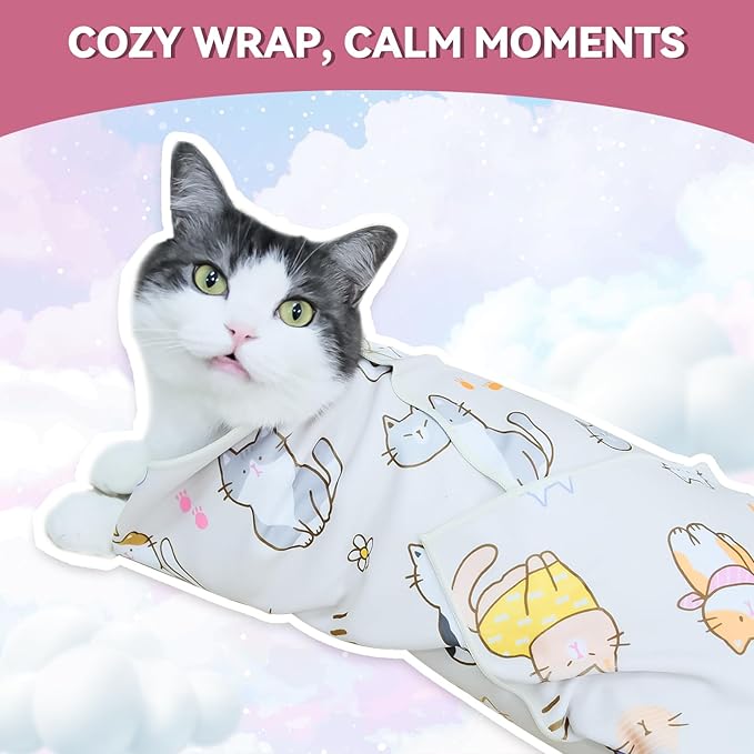 Cat Grooming Wrap for Cutting Nails, 31.5" Anti-Escape Calming Cat Swaddle Wrap for Medicine, Nail Clipping, Teeth Brushing, Ear Cleaning, Self-Adherent Burrito Restraint, (CatLand, XL)