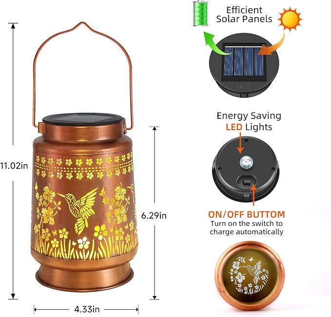 Hummingbird Solar Lanterns Outdoor Waterproof Hanging Solar Lights Gifts for Women Metal LED Lanterns Outside for Garden, Yard, Patio, Lawn, Porch