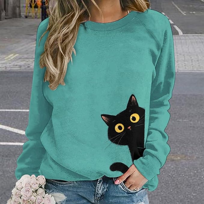 Abstract Cute Cat Shirts for Women Long Sleeve Lady Crewneck Pullover Sweatshirt Fall Winter Oversized Tops