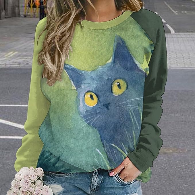 Abstract Cute Cat Shirts for Women Long Sleeve Lady Crewneck Pullover Sweatshirt Fall Winter Oversized Tops