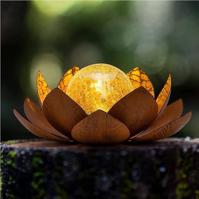 Huaxu Solar Lights Outdoor Decor Metal Lotus Flower LED Waterproof Glass Decorative Gifts for Garden Lover Women Mom Table Pathway Lawn Patio Yard Ground