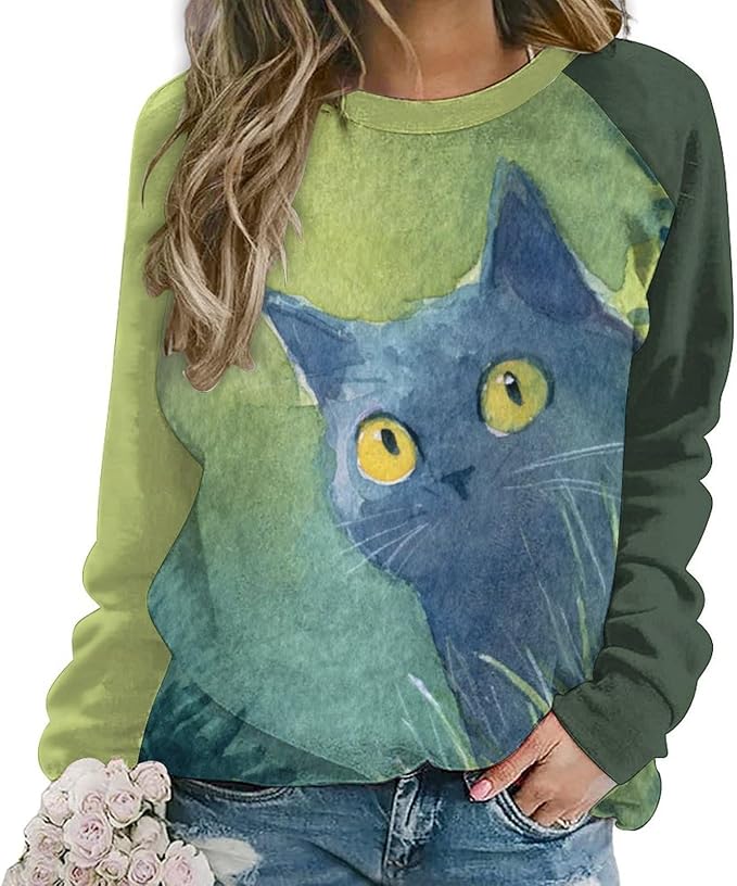 Abstract Cute Cat Shirts for Women Long Sleeve Lady Crewneck Pullover Sweatshirt Fall Winter Oversized Tops