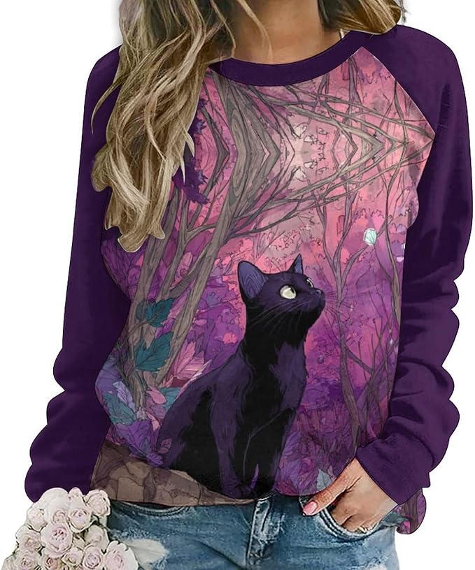 Abstract Cute Cat Shirts for Women Long Sleeve Lady Crewneck Pullover Sweatshirt Fall Winter Oversized Tops