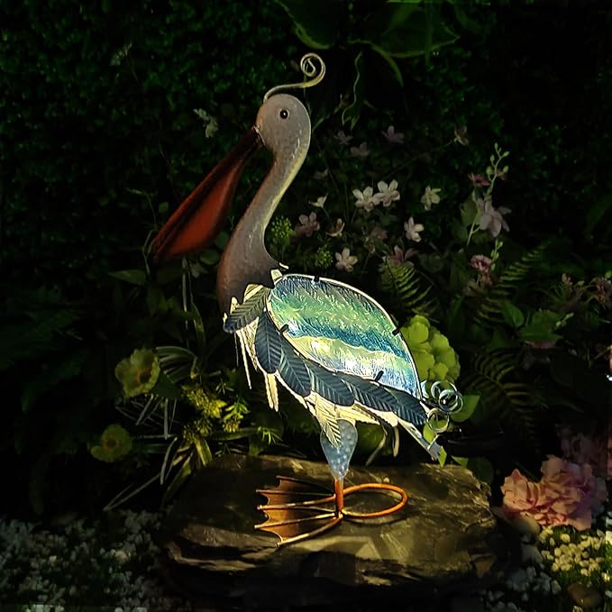 HONGLAND Solar Metal Pelican Statues Garden Sculpture & Statues, 19 Inch Glass Outdoor Pelican Yard Art Coastal Ocean Bird Decor Lawn Ornament for Backyard Porch Patio Decor（Blue）