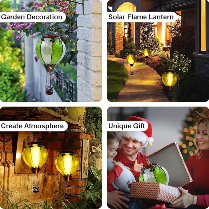 Hot Air Balloon Solar Lantern with Flickering Flame Hanging Solar Lanterns Outdoor Lights Waterproof Lanterns Decorative Garden Patio Yard Party Decor Gray&Light Green