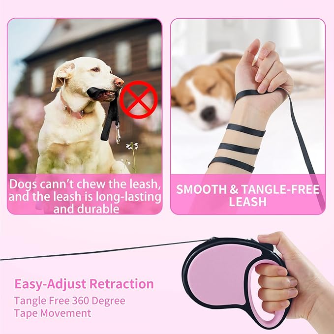 Retractable Dog Leash,[Strong Nylon Tape][One-Handed One Button Lock] for Small Medium Dogs and Cats,16ft Pet Walking Leash with 360°Tangle-Free Design,Anti-Slip Handle,Gift Package (Pink)