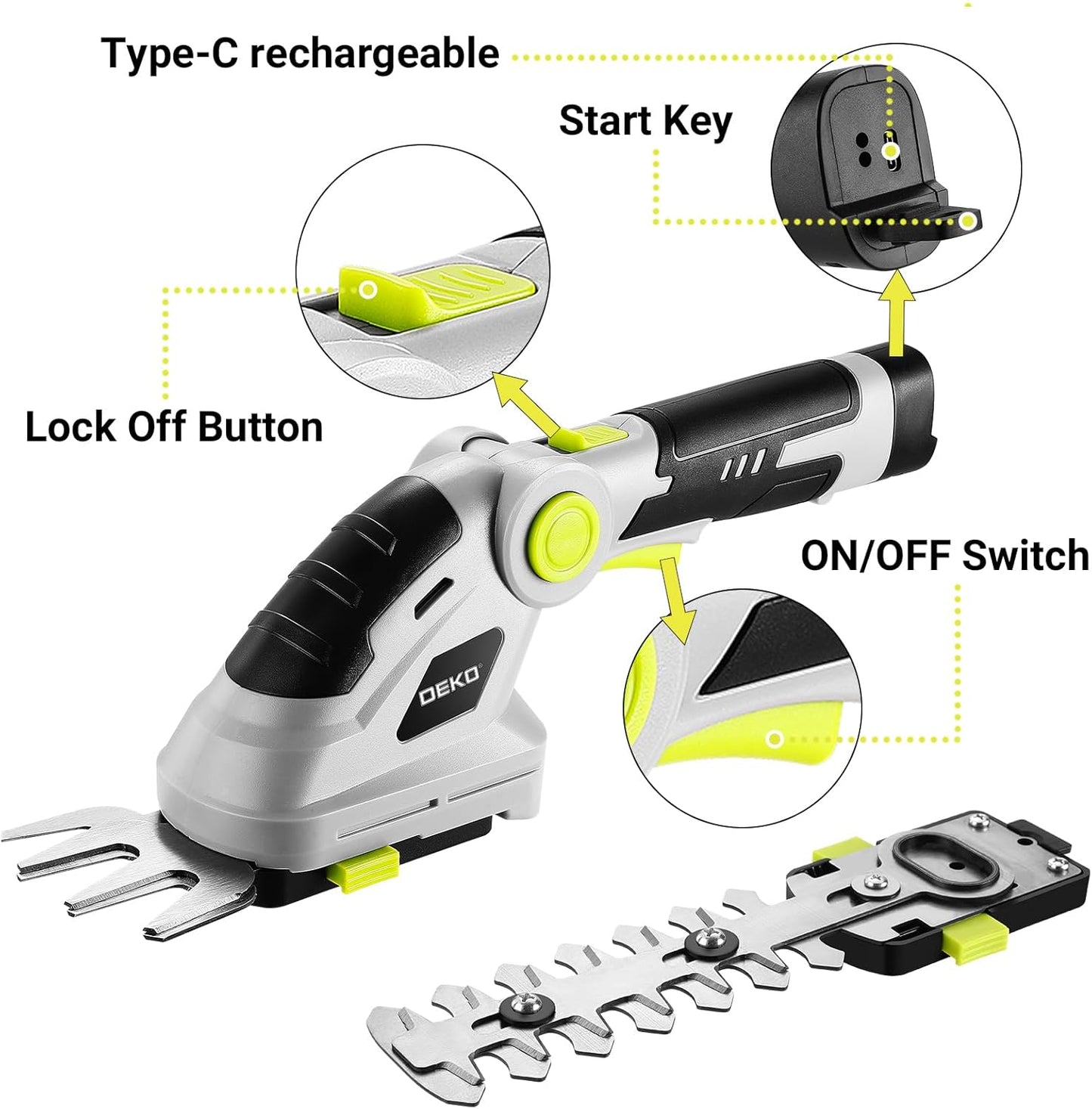 Hedge Trimmer Cordless Grass Shear: DEKOPRO 8V Electric Bush Trimmer Grass Cutter Trimmer, 2 in 1 Handheld Hedge Trimmers for Garden Lawn Hedge Yard, Lithium-Ion Battery and Type-C Cable Included