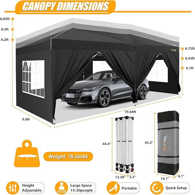 HOTEEL 10x20 Pop up Canopy with 6 Sidewalls, One Push Instant Setup Outdoor Canopy Tent with Reinforce Rod, Weight Bag, for Parties, Events, Black
