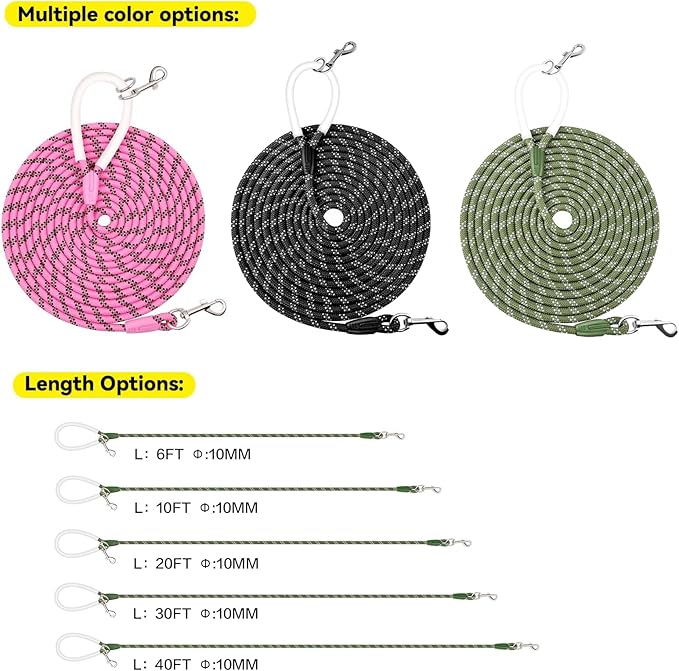 Nylon Dog Leash 6FT 10FT 20FT 30FT Diameter 2/5 Inch with Comfortable Silicone Handle Highly Reflective No Tangle for Medium Large Dogs Outside Walking Camping Backyard. (Black, 20FT * 2/5Inches)