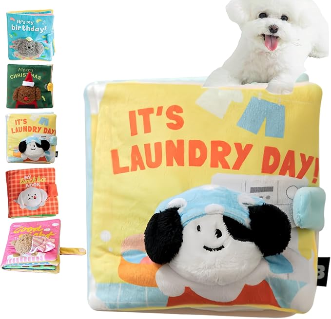 Cute Dog Birthday Toy Squeaky Snuffle Mat for Small Medium Dogs Interactive Plush Book Treat Puzzle for Puppy Crinkle Gifts (Yellow)