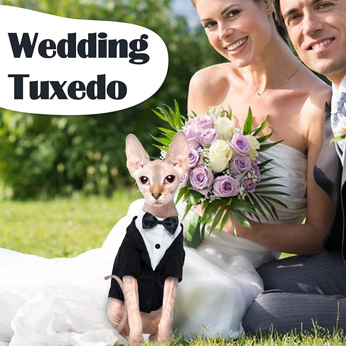 QBLEEV Cat Tuxedo Suit, Cat Halloween Costumes for Cats Only, Sphynx Cat Tuxedo Outfit Costume with Bow Tie, Kitten Formal Attire Wedding Birthday Onesie Clothes for Male Girl Hairless Cats