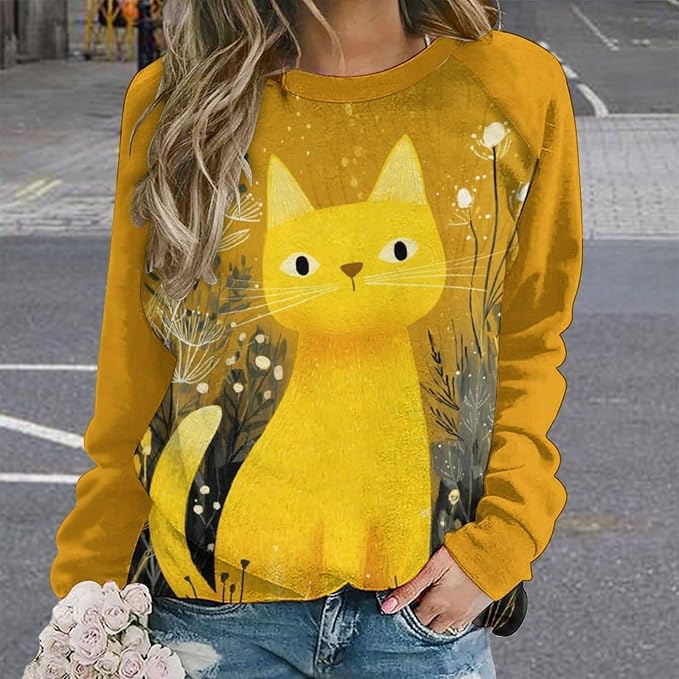 Abstract Cute Cat Shirts for Women Long Sleeve Lady Crewneck Pullover Sweatshirt Fall Winter Oversized Tops