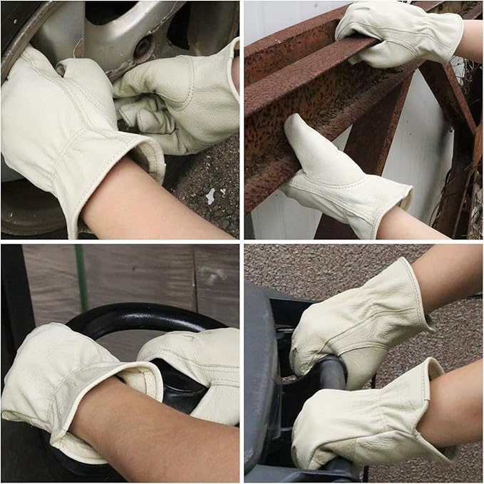 HLDD HANDLANDY Leather Work Gloves for Men & Women, Adjustable Wrist Cowhide Gardening Glove with Reinforced Palm for Driver