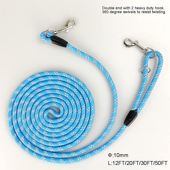 Long Rope Dog Leash for Dog Training 12FT 20FT 30FT 50FT, Reflective Threads Dog Cat Leashes Tie-Out Check Cord Recall Training Agility Lead for Large Medium Small Dogs (Blue, 10mm*30ft)