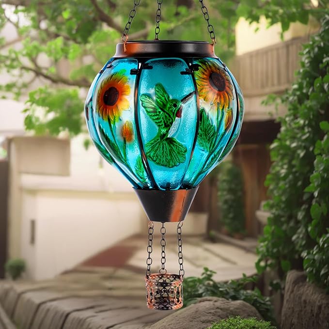Hummingbird and Sunflower Solar Hot Air Balloon Lantern with Flame, Glass Hot Air Balloon Solar Lantern Outdoor Waterproof, Hanging Solar Lantern for Outside Garden Patio Tree Porch Yard