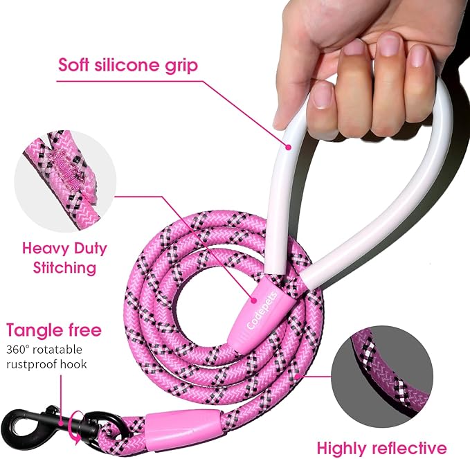Detachable 2/5" Slip Lead, 4FT 6FT 8FT with Comfortable Silicone Handle Strong Rope for Large Medium Small Dogs No Pull Highly Reflective Pet Training (Pink-Black, 6FT)