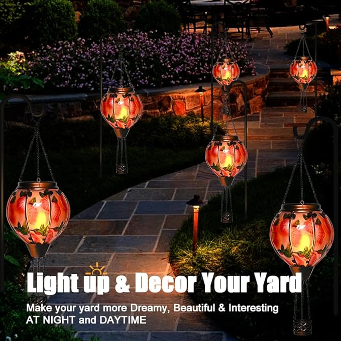 Hot Air Balloon Solar Lantern - Simulated Flickering Flame Hummingbird Glass Lantern, Outdoor Hanging Yard Light Waterproof IP65 & Weather Resistant for Garden Patio Lawn Porch Decor Gfit