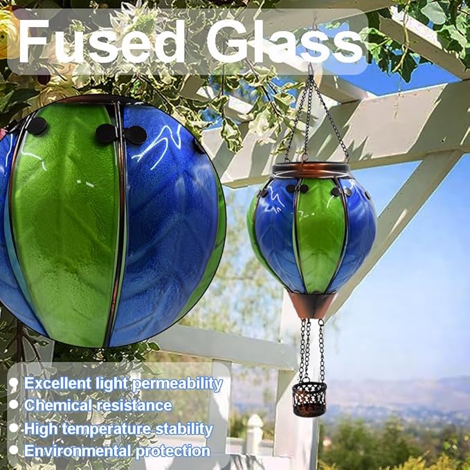 Hot Air Balloon Solar Lantern with Flickering Flame Hanging Solar Lanterns Outdoor Lights Waterproof Lanterns Decorative Garden Patio Yard Party Decor Green&Navy