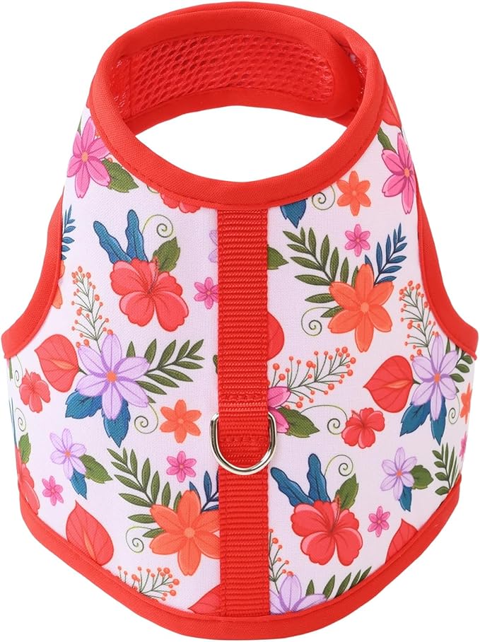 Mile High Life Dog Harness, Air Mesh Floral Vest Harness for 20 lbs Small Dogs & Cats, Easy Get on Adjustable Easy Closures Both Neck and Chest(Red Flower, S Chest 16"-18")