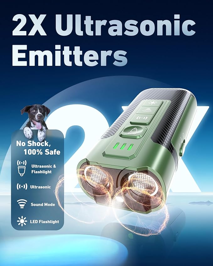 Dog Bark Deterrent Devices-Ultrasonic Anti Barking Device with 50ft Range, Rechargeable No Barking for Own or Neighbor's Dogs, Portable Safe for Pets/Humans, Green