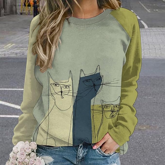Abstract Cute Cat Shirts for Women Long Sleeve Lady Crewneck Pullover Sweatshirt Fall Winter Oversized Tops