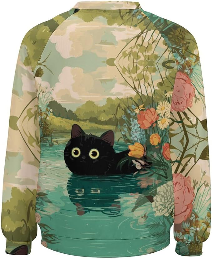 Abstract Cute Cat Shirts for Women Long Sleeve Lady Crewneck Pullover Sweatshirt Fall Winter Oversized Tops