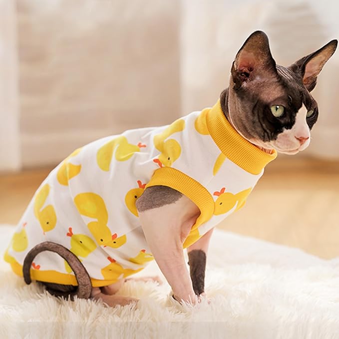 PUMYPOREITY Sphynx Cat Clothes: Stretchy Sweater, Soft Hairless Shirt, Pullover Pajamas, Turtleneck for Sphynx Cornish Rex, Devon Rex - Yellow, M