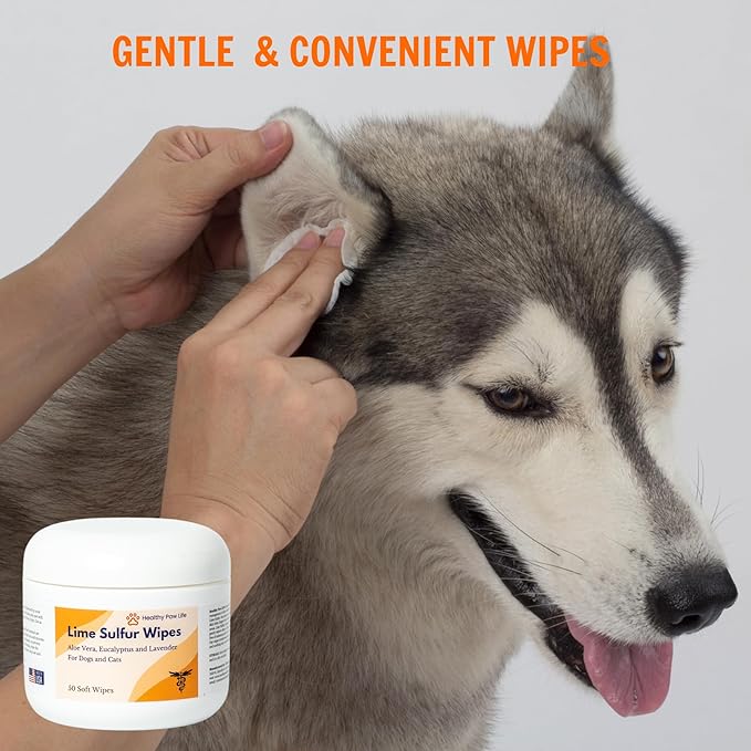 Healthy Paw Life Lime Sulfur Wipes - Relief for Itching, Scratching, and Redness - Infused with Lime Sulfur, Aloe & Essential Oils - Skin Care Solution for Pets (50ct, 2" Skin Soothe Wipes)