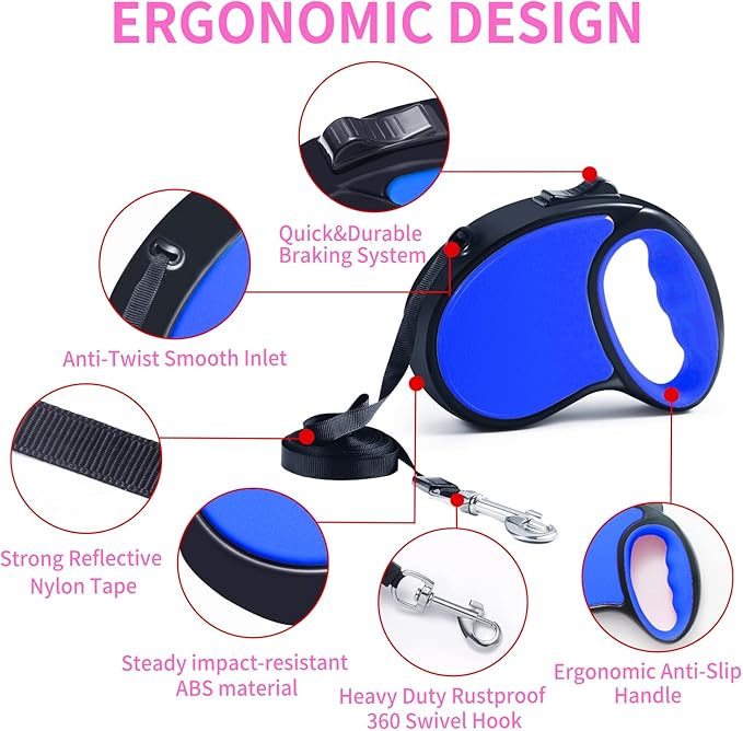 Retractable Dog Leash,[Strong Nylon Tape][One-Handed One Button Lock] for Small Medium Dogs and Cats,16ft Pet Walking Leash with 360°Tangle-Free Design,Anti-Slip Handle,Gift Package (Navy Blue)