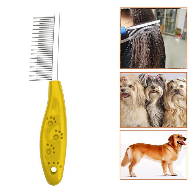 Dog or Cat Comb Grooming with Short and Long Teeth Dematting Knots Tangles Remover Combs Detangler Tool Suitable for Dogs Cats Poodle HorseStainless Steel Pin (Yellow)