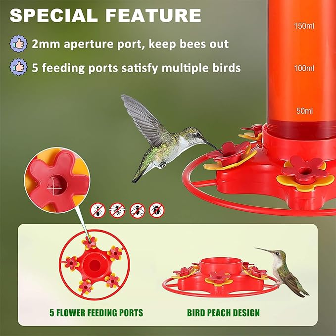 Hummingbird Feeders for Outdoors Hanging - 5 Feeding Ports 320 ml Plastic Hummingbird Feeder, Bee-Proof Leak-Proof No Drip, Easy to Clean with Cleaning Brush