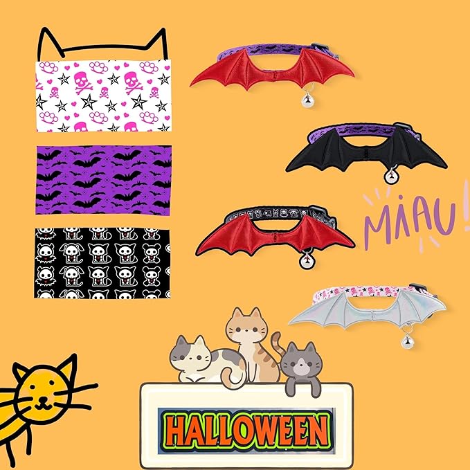 1 PC Bat Wing Cat Collar with Bell, Adjustable Kitten Collar with Safety Breakaway Buckle for Boy&Girl Cats, Halloween Christmas Cat Accessories for Kitten Puppy