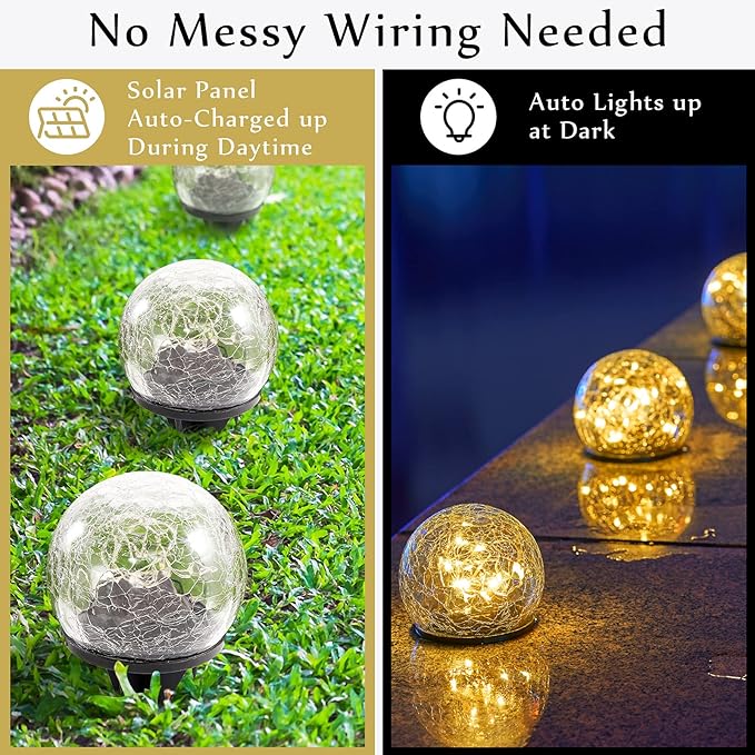 Honoson 3.9 Inch Solar Globe Lights Outdoor Waterproof, Solar Balls for Garden Cracked Glass Ball, Ground Landscape Garden Decor for Patio and Yard Lawn Backyard (4 Pieces)