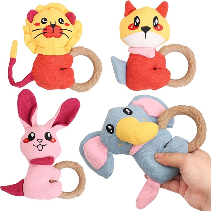 4-Pack Puppy Teething Toys, Dog Squeaky Toy to Keep Them Busy, Stuffed Toy with TPR Ring, Durable Dog Chew Toys for Small Breed