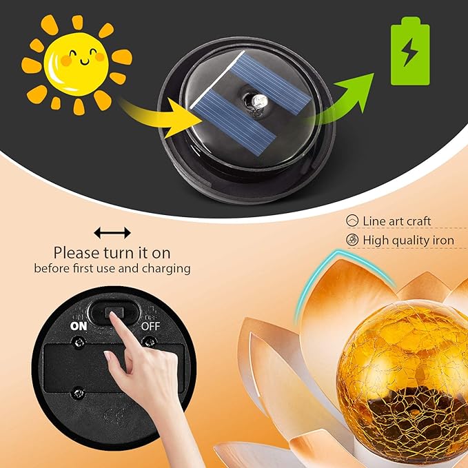 Huaxu Solar Lights Outdoor Garden Decorative Art Metal Lotus Cracked Glass Ball Waterproof Decorations for Pathway Lawn Patio Yard Ground Tabletop Gifts