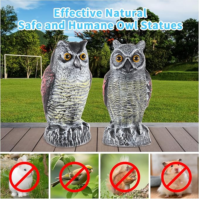 Hedoc 2 Pack Fake Owl Decoys to Scare Birds Away from Gardens and Rooftops, Great Horned Owl Bird Deterrents, Nature Scarecrow Plastic Owls Pest Repellent, Owl Statue for Garden Decor, Yard Decoration