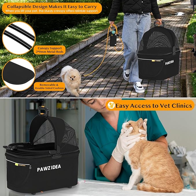 PAWZIDEA Pet Stroller 4 in 1, Cat Strollers with Detachable Carrier No-Zip Canopy, Portable Dog Crate for Car Seat Travel, Foldable & Lightweight Jogger for Small/Medium Dogs and Cats, Storage Basket