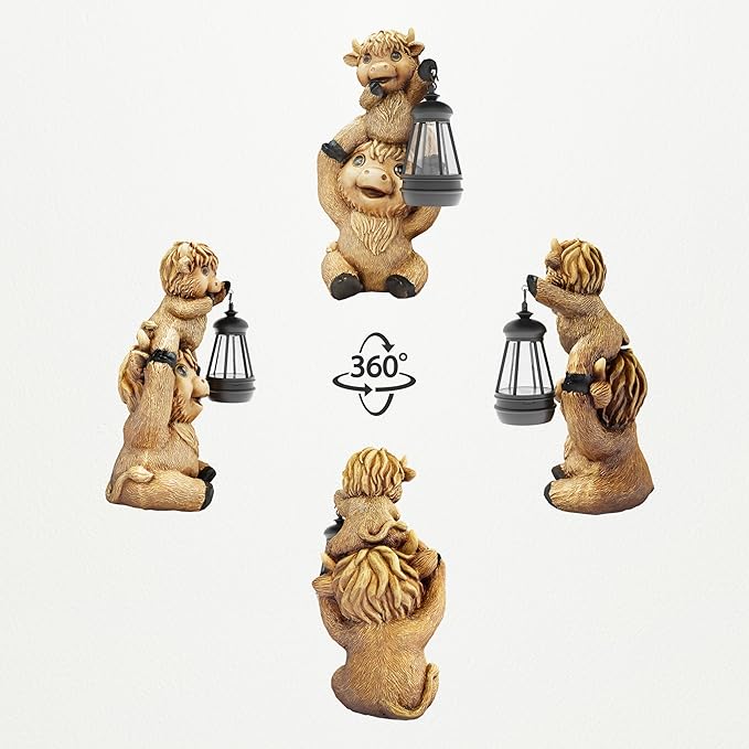 Highland Cow Statues with Solar Lights, Highland Cow Resin Figurine Lights, Highland Cow Ornaments for Patio, Balcony, Indoor Decoration and as Gifts