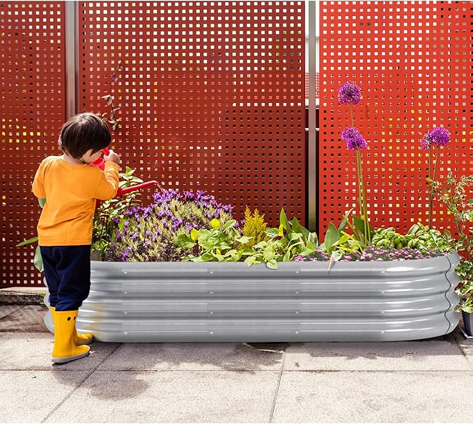 HOXHA Planter Raised Beds, 5X2X1 FT Land Guard Oval Galvanized Steel Planter Box, Metal Raised Garden Bed kit, for Outdoor Growing Fresh Veggies, Flowers, Herbs, and Succulents