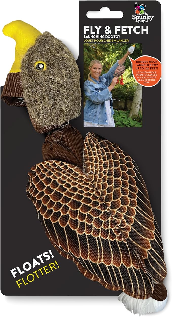 Spunky pup Fly & Fetch Plush Eagle Dog Toy | Interactive 100 ft Sling Shot Launcher with Built-In Bungee | Pull Back & Release | Durable Construction | Ballistic Fabric | Floats | For Medium Breeds