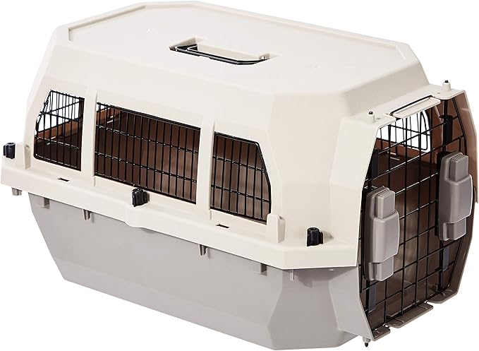 Amazon Basics Hard-Sided Dog and Cat Kennel Single-Door Travel Pet Carrier with Metal Wire Ventilation, 23.6"L x 15.7"W x 13.0"H, Beige