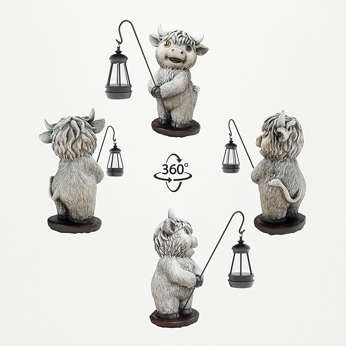 Highland Cow Statues with Solar Lights, Highland Cow Resin Figurine Lights, Highland Cow Ornaments for Patio, Balcony, Indoor Decoration and as Gifts
